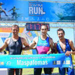 Ganadores Sprint masculino individual Gran Canaria SwimRun Maspalomas 2022 Pello Osoro, Viktor Vovrusko e Iván Raña.